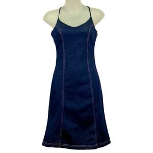 Dollhouse Y2K Vintage Denim Mini Dress Spaghetti Strap Criss Cross Back Size S